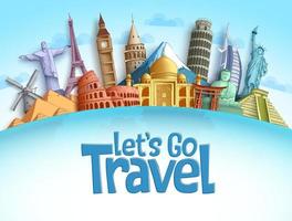 Travel destination vector background and template design with travel destinations and famous landmarks and attractions for tourism. Let's go travel vector illustration.