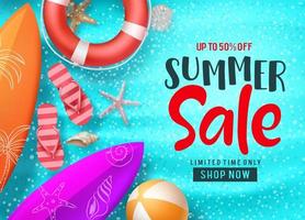 Summer sale vector banner background template. Summer sale shopping discount text and colorful beach elements floating in blue sea water background. Vector illustration.