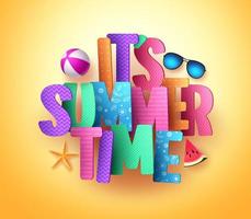 It's summer time vector banner greeting design with colorful text typography and realistic beach elements in yellow background for summer season. Vector illustration.