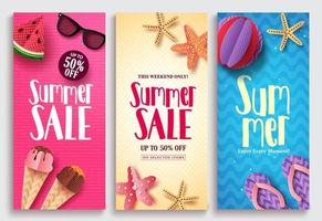 Summer sale vector poster design set with sale text and beach paper cut elements in colorful pattern backgrounds for summer seasonal discount promotion. Vector illustration.