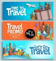Travel banner set vector template design with travel and tour text and world's famous landmarks and tourist destinations elements in colorful background. Vector illustration.