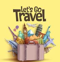 Let's go travel vector banner design with famous world tourism attractions and travel destinations elements in a traveling bag. Vector illustration in yellow background.