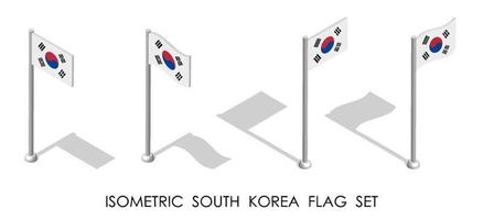 bandera isométrica de corea del sur en posición estática y en movimiento en el asta de la bandera. Vector 3d