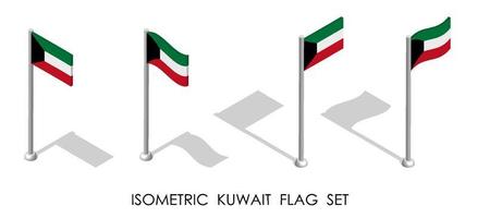 bandera isométrica de kuwait en posición estática y en movimiento en el asta de la bandera. Vector 3d