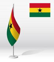 bandera de ghana en el asta de la bandera para el registro del evento solemne, reunión con invitados extranjeros. día de la independencia nacional de ghana. vector 3d realista en blanco