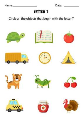 Letter recognition for kids. Circle all objects that start with T. 4929571  Vector Art at Vecteezy