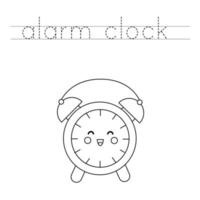 Trace the letters and color cute alarm clock. Handwriting practice for kids. vector