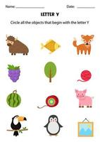 Letter recognition for kids. Circle all objects that start with Y. vector