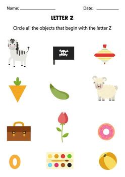 Letter recognition for kids. Circle all objects that start with Z. vector