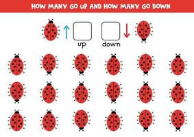 Count how many go up, how many go down. Cute ladybugs. vector