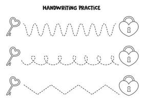 Tracing lines with keys and locks. Writing practice. vector