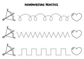 Tracing lines with bows and hearts. Writing practice. vector