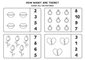 Counting game with cute valentine elements. Educational worksheet. vector