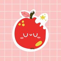 Linda pegatina de manzana mordida dibujada a mano sobre un fondo a cuadros para diseño de impresión. vector