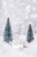 New yaer 2022 bodegón con nieve y árboles con formato vertical bokeh