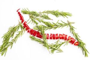 Hot chili peppers and rosemary isolated on a white background photo