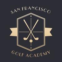 Golf Academy logo, emblem with clubs, gold on dark