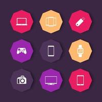 Gadgets icons, tv, gamepad, laptop, smart watch, tablet icon, color octagon set, vector illustration