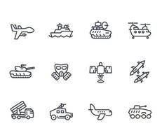 Iconos de la línea del ejército en blanco, ilustración vectorial vector