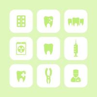 Teeth icons, dental health care, tooth cavity, dental pliers, toothcare, stomatology, flat rounded square icons set, vector