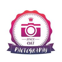 photography vintage logo with camera, vector emblem on white