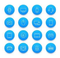 Modern gadgets icons set in line style on blue round shapes vector