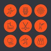 sports, games, team sport line icons set, fencing, hockey, skating, ping pong, basketball vector