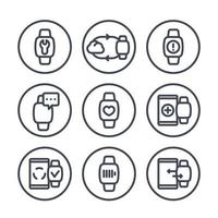 smart watch line icons in circles over white, fitness app, synchronization with cloud or smartphone, wearable device, charging, vector