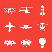 Aircrafts icons, airplane, aviation, air transport, helicopter, drone, biplane, air balloon, alien spaceship vector