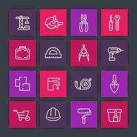 construction and renovation line icons set, engineering and designing, fixing, equipment, tools, paint, trowel, tape-measure, roller, drill vector