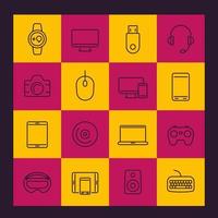 Modern gadgets line icons pack, monitor, gamepad, keyboard, mouse, laptop, smart watch, tablet, wearable devices, electronics vector