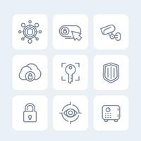 Security icons set, secure server, lock, shield, strongbox, video surveillance, safety, isolated linear pictograms vector