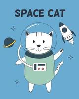 gato espacial con traje de astronauta, cohete y planeta vector