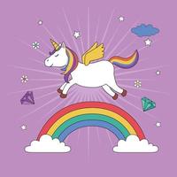 unicornio volando sobre el arcoiris vector