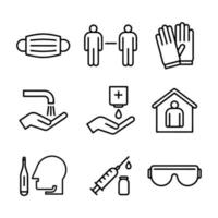 Personal protection equipment icons - medical mask, latex gloves, soap, dispenser, protective glasses. Coronavirus, covid 19 prevention items. Line, outline symbols. Mask icon. Vector illustration