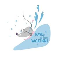 Have a fun vacation. Funny mouse skiing down the mountain. Time for winter sports.