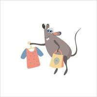 Ilustración de una rata haciendo compras aislado en blanco. El ratón tiene una bolsa de compras y una blusa en una percha. vector