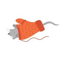 A cute gray sleeping mouse in a red knitted mitten. Hand drawn illustration isolated on white background. vector