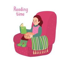 Reading time illustration with a girl sitting in the armchair vector