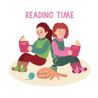 Nice little girls sitting on the floor and reading books. There is a mug of tea and a cute sleeping cat near them. Reading time lettering vector