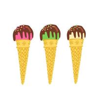 Set of ice cream balls in waffle cones decorated with chocolate glaze. Green, pink, yellow colors. Hand drawn illustration isolated on white background. vector