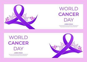 banner horizontal de cinta morada del día mundial del cáncer vector