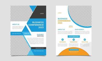 Folleto de conferencia de negocios y plantilla de diseño de banner de redes sociales. diseño de folletos, diseño moderno de portada, informe anual, reunión en línea, póster, folleto, volante en a4 con formas coloridas para el mercado. vector