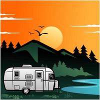 Caravan camper motorhome rv journey to mountains and lake, pine forest background, sky with moonlight vector