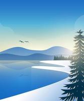 paisaje de invierno plano del lago con montañas por la mañana vector