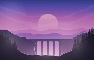 paisaje plano de un puente entre acantilados con fondo de montañas neblinosas vector