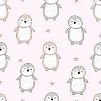 pingüino con corazones sobre fondo rosa bebé de patrones sin fisuras patrón de dibujos animados dibujados a mano para ropa de bebé, patrón de manta o papel tapiz de impresión ilustración vectorial vector