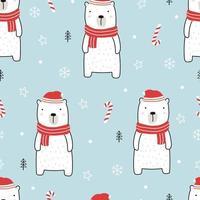 patrón sin fisuras de osos blancos celebrando la Navidad. Fondo de animales de dibujos animados dibujados a mano en estilo infantil utilizado para impresión, papel tapiz, decoración, ilustración vectorial vector