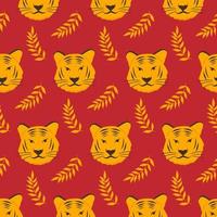 Seamless new year chinese tiger pattern with branch on red background for printing, fabric, textile vector