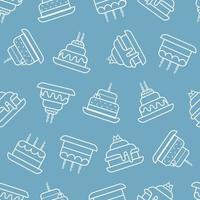 Cake outline icon on blue background Candy background with seamless pattern for print, decorative, party wallpaper. vector